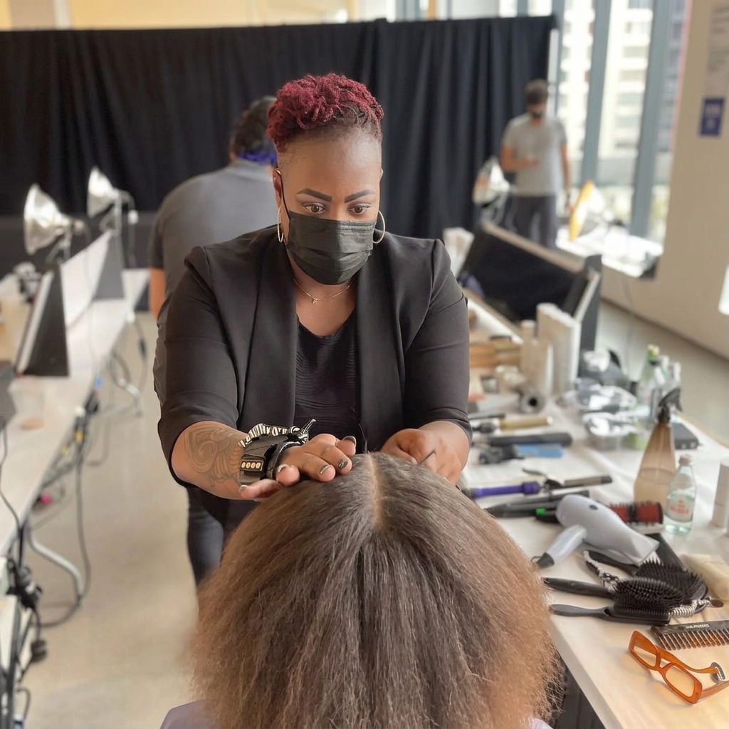Hairstylist smoothing a model's hair backstage on set